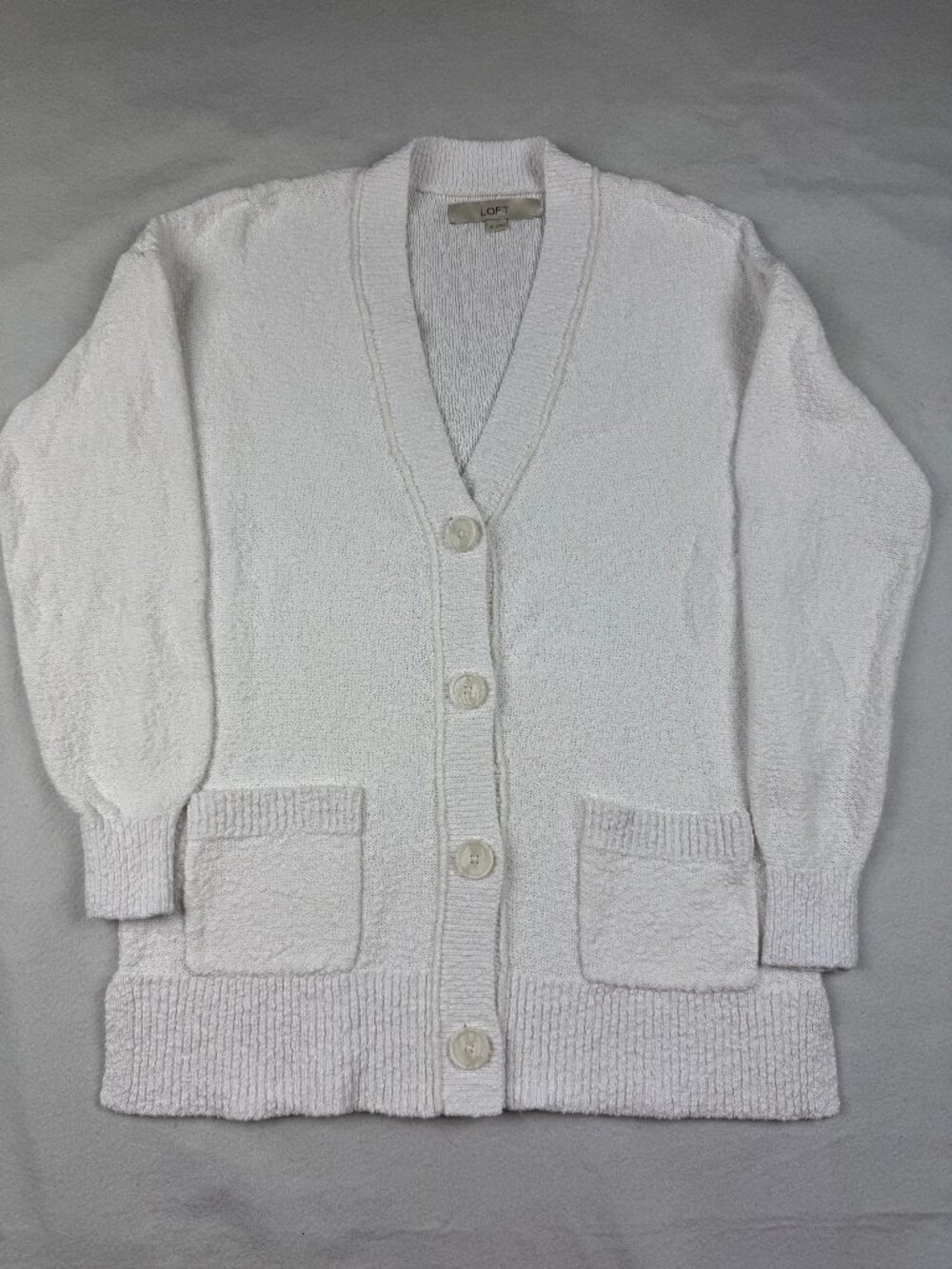 Loft White Boucle V-neck Cardigan with Pockets Size XS